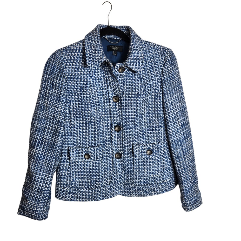 Talbots Petites Blue White Tweed Wool Blend Blazer Jacket Size 2P